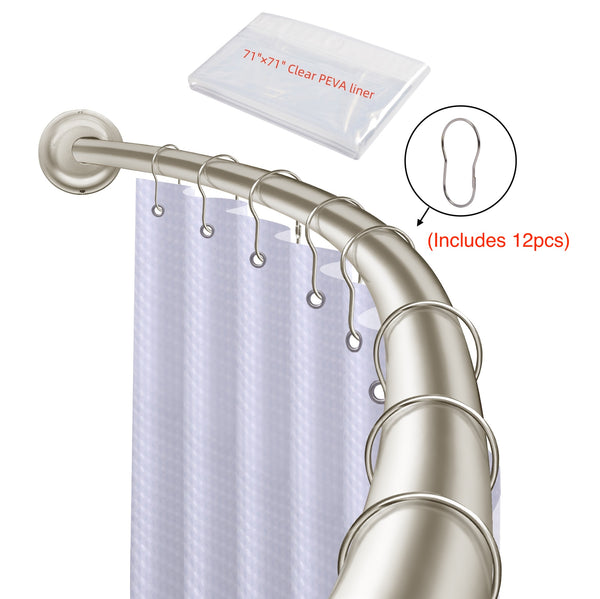 Loft97 CR9XX Rustproof Wall Mounted Single Curved Shower Rod, Aluminum, adjustable from 45" to 72" Wide, Includes Shower Rings and PEVA Liner