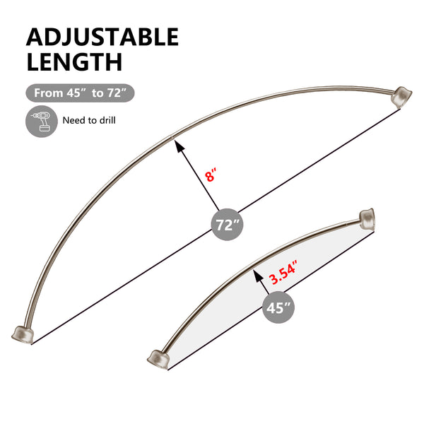 Loft97 CR9XX Rustproof Wall Mounted Single Curved Shower Rod, Aluminum, adjustable from 45" to 72" Wide, Includes Shower Rings and PEVA Liner