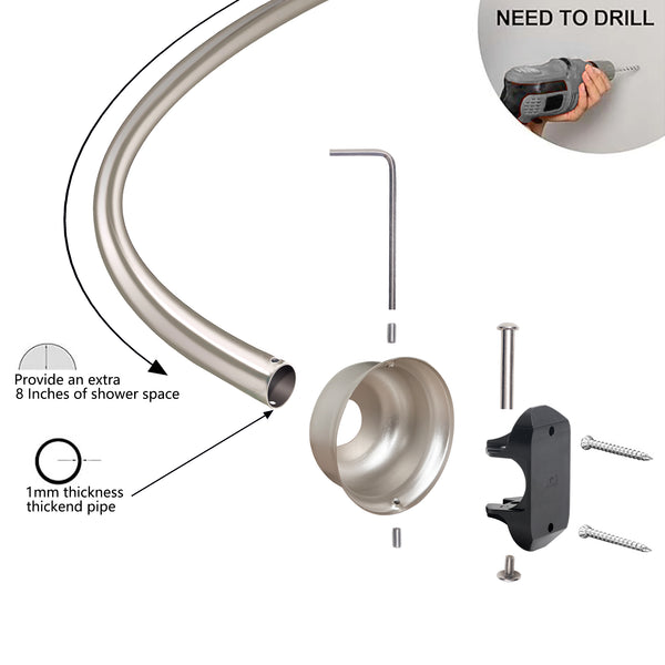 Loft97 CR9XX Rustproof Wall Mounted Single Curved Shower Rod, Aluminum, adjustable from 45" to 72" Wide, Includes Shower Rings and PEVA Liner
