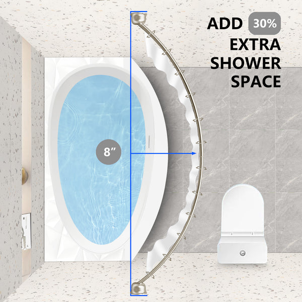 Loft97 CR9XX Rustproof Wall Mounted Single Curved Shower Rod, Aluminum, adjustable from 45" to 72" Wide, Includes Shower Rings and PEVA Liner