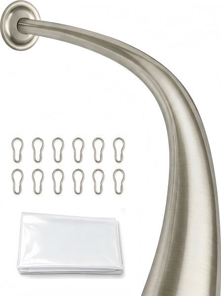 CR9XX Shower Suite by Loft97 - Rustproof Aluminum Curved Shower Curtain Rod Combo Set with Liner & 12 Hooks, Adjustable 45-72 Inch Wall Mount Rod