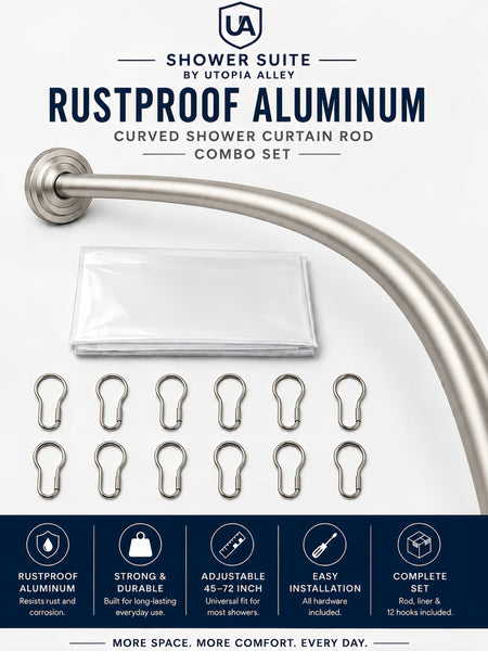 CR9XX Shower Suite by Loft97 - Rustproof Aluminum Curved Shower Curtain Rod Combo Set with Liner & 12 Hooks, Adjustable 45-72 Inch Wall Mount Rod