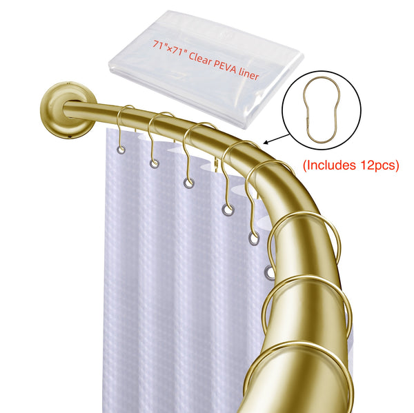 Loft97 CR9XX Rustproof Wall Mounted Single Curved Shower Rod, Aluminum, adjustable from 45" to 72" Wide, Includes Shower Rings and PEVA Liner