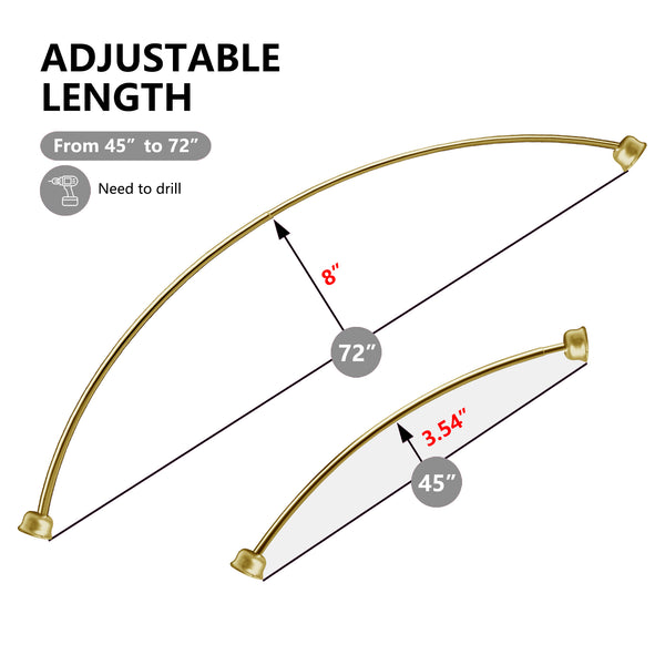 Loft97 CR9XX Rustproof Wall Mounted Single Curved Shower Rod, Aluminum, adjustable from 45" to 72" Wide, Includes Shower Rings and PEVA Liner
