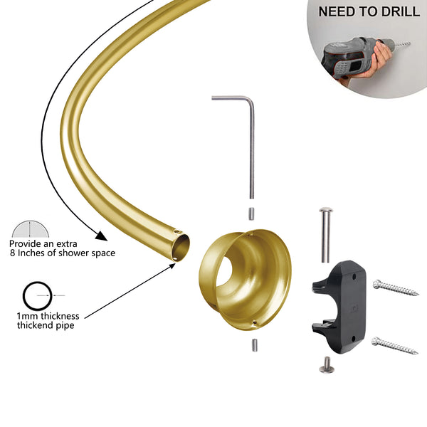 Loft97 CR9XX Rustproof Wall Mounted Single Curved Shower Rod, Aluminum, adjustable from 45" to 72" Wide, Includes Shower Rings and PEVA Liner