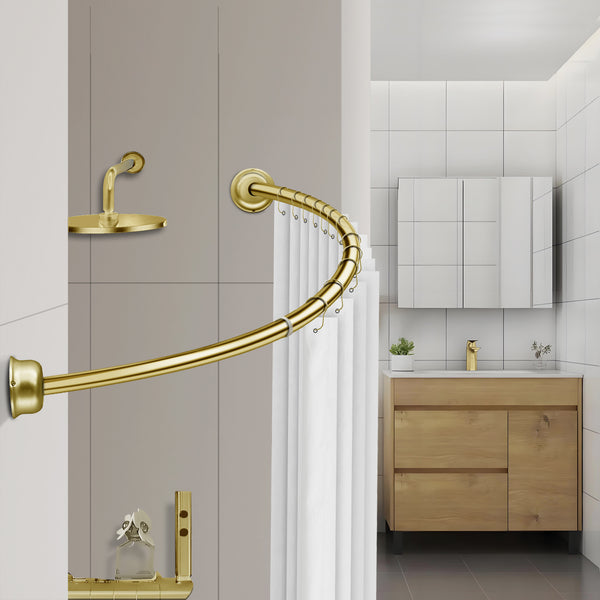 Loft97 CR9XX Rustproof Wall Mounted Single Curved Shower Rod, Aluminum, adjustable from 45" to 72" Wide, Includes Shower Rings and PEVA Liner
