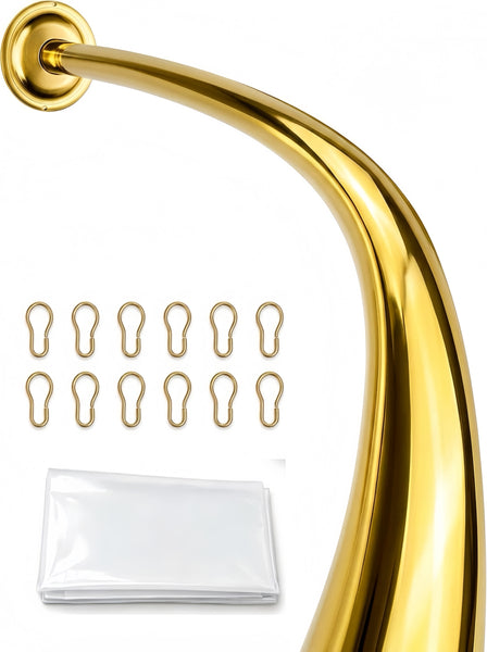 CR9XX Shower Suite by Loft97 - Rustproof Aluminum Curved Shower Curtain Rod Combo Set with Liner & 12 Hooks, Adjustable 45-72 Inch Wall Mount Rod