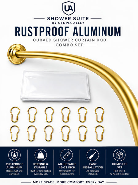 CR9XX Shower Suite by Loft97 - Rustproof Aluminum Curved Shower Curtain Rod Combo Set with Liner & 12 Hooks, Adjustable 45-72 Inch Wall Mount Rod