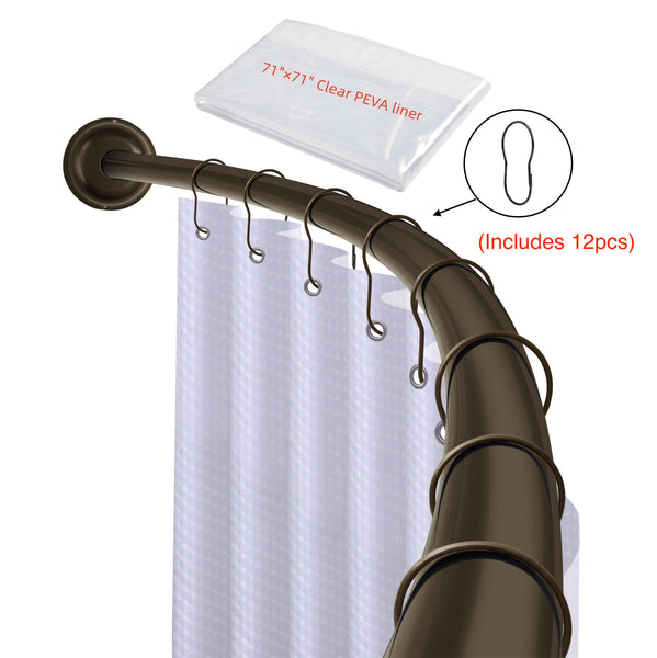 Loft97 CR9XX Rustproof Wall Mounted Single Curved Shower Rod, Aluminum, adjustable from 45" to 72" Wide, Includes Shower Rings and PEVA Liner