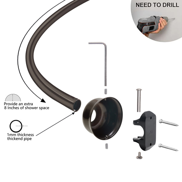 Loft97 CR9XX Rustproof Wall Mounted Single Curved Shower Rod, Aluminum, adjustable from 45" to 72" Wide, Includes Shower Rings and PEVA Liner