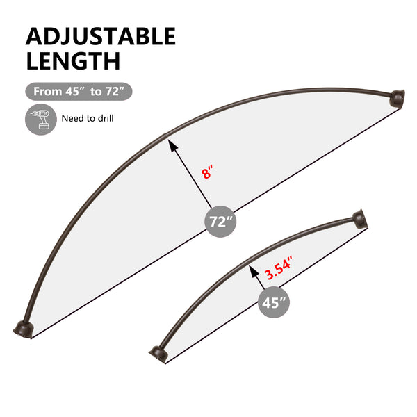 Loft97 CR9XX Rustproof Wall Mounted Single Curved Shower Rod, Aluminum, adjustable from 45" to 72" Wide, Includes Shower Rings and PEVA Liner
