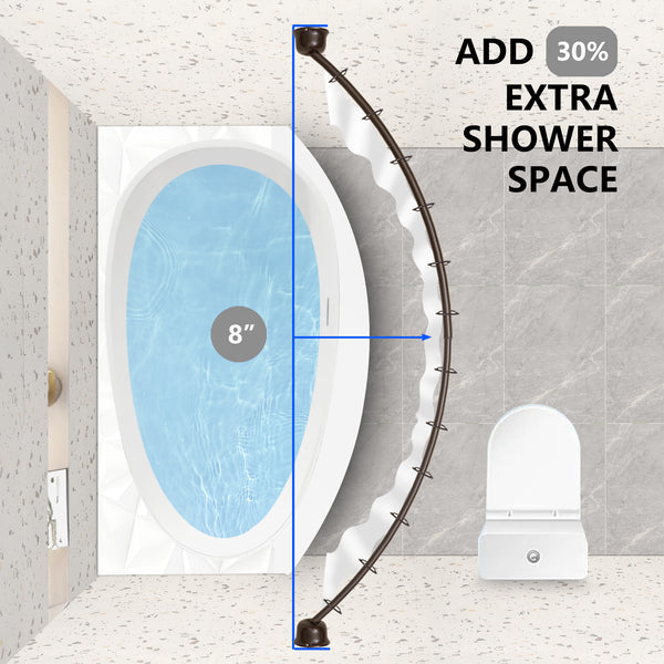 Loft97 CR9XX Rustproof Wall Mounted Single Curved Shower Rod, Aluminum, adjustable from 45" to 72" Wide, Includes Shower Rings and PEVA Liner