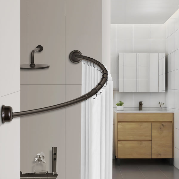 Loft97 CR9XX Rustproof Wall Mounted Single Curved Shower Rod, Aluminum, adjustable from 45" to 72" Wide, Includes Shower Rings and PEVA Liner