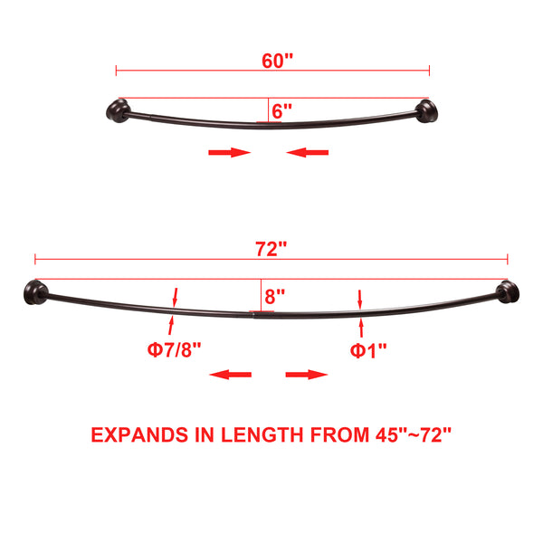 Loft97 CR9XX Rustproof Fixed Mount Single Curved Shower Rod, Aluminum, adjustable from 45" to 72" Wide, Includes Shower Rings and PEVA Liner