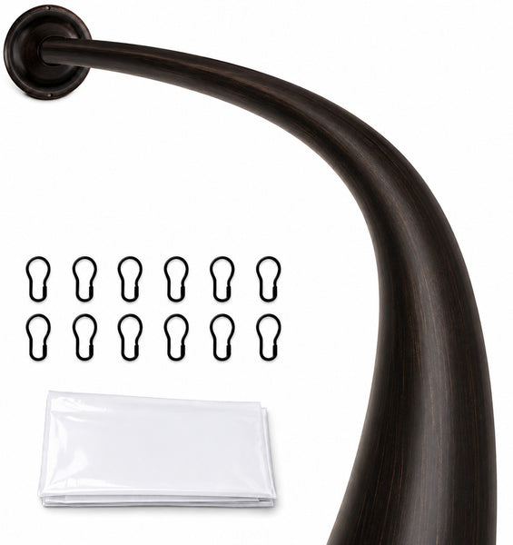CR9XX Shower Suite by Loft97 - Rustproof Aluminum Curved Shower Curtain Rod Combo Set with Liner & 12 Hooks, Adjustable 45-72 Inch Wall Mount Rod