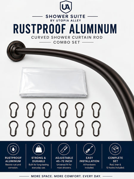CR9XX Shower Suite by Loft97 - Rustproof Aluminum Curved Shower Curtain Rod Combo Set with Liner & 12 Hooks, Adjustable 45-72 Inch Wall Mount Rod