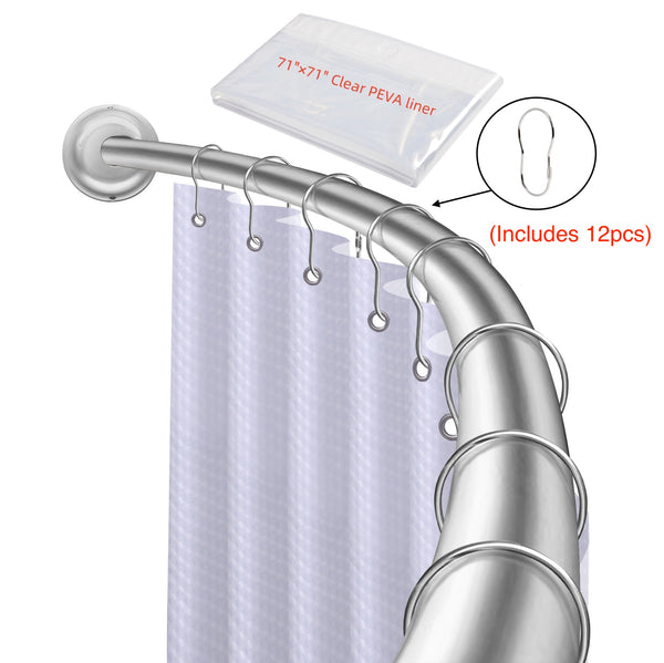 Loft97 CR9XX Rustproof Wall Mounted Single Curved Shower Rod, Aluminum, adjustable from 45" to 72" Wide, Includes Shower Rings and PEVA Liner