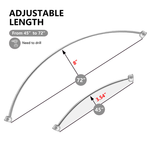 Loft97 CR9XX Rustproof Wall Mounted Single Curved Shower Rod, Aluminum, adjustable from 45" to 72" Wide, Includes Shower Rings and PEVA Liner
