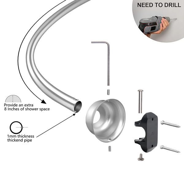 Loft97 CR9XX Rustproof Wall Mounted Single Curved Shower Rod, Aluminum, adjustable from 45" to 72" Wide, Includes Shower Rings and PEVA Liner
