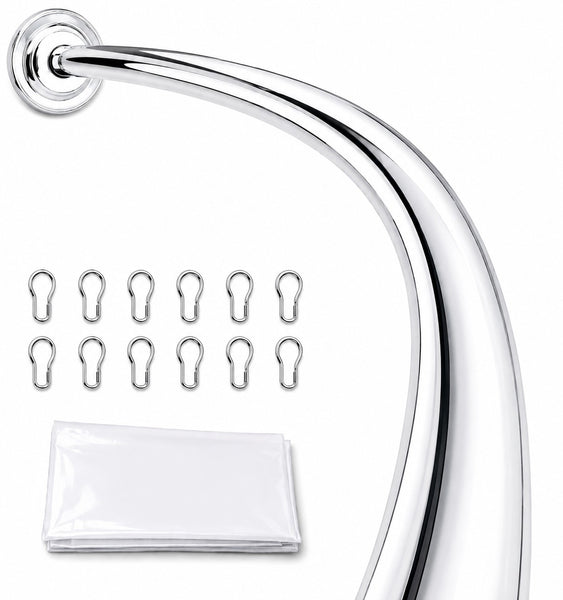 CR9XX Shower Suite by Loft97 - Rustproof Aluminum Curved Shower Curtain Rod Combo Set with Liner & 12 Hooks, Adjustable 45-72 Inch Wall Mount Rod