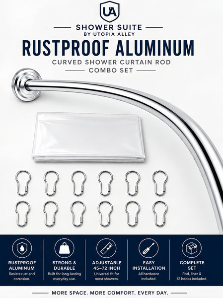 CR9XX Shower Suite by Loft97 - Rustproof Aluminum Curved Shower Curtain Rod Combo Set with Liner & 12 Hooks, Adjustable 45-72 Inch Wall Mount Rod