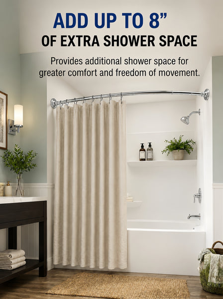 CR9XX Shower Suite by Loft97 - Rustproof Aluminum Curved Shower Curtain Rod Combo Set with Liner & 12 Hooks, Adjustable 45-72 Inch Wall Mount Rod
