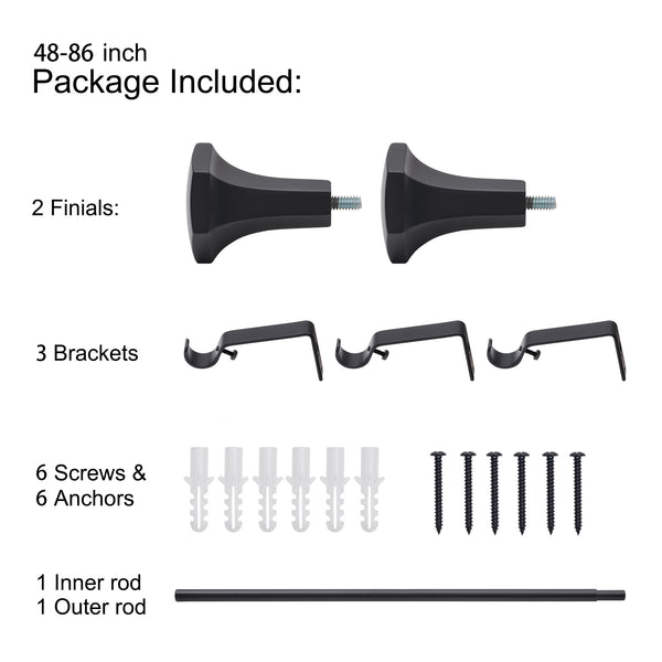 Loft97 D17XX 3/4" Diameter Adjustable Heavy-Duty Decorative Curtain Rod with Ornate Endcaps for Indoor Outdoor Use, Fits Living Room, Bedroom, Kitchen & Patio, Matte Black
