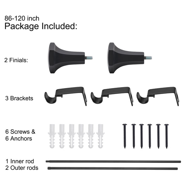 Loft97 D17XX 3/4" Diameter Adjustable Heavy-Duty Decorative Curtain Rod with Ornate Endcaps for Indoor Outdoor Use, Fits Living Room, Bedroom, Kitchen & Patio, Matte Black
