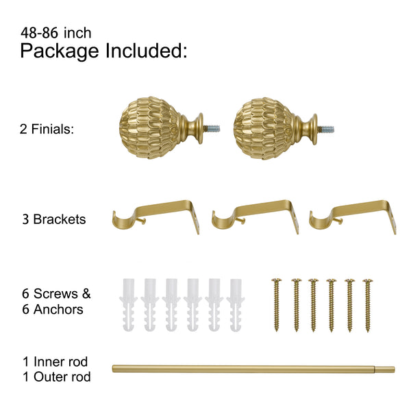 Loft97 D18XX 3/4" Diameter Adjustable Heavy-Duty Decorative Curtain Rod with Ornate Endcaps for Indoor Outdoor Use, Fits Living Room, Bedroom, Kitchen & Patio, Gold