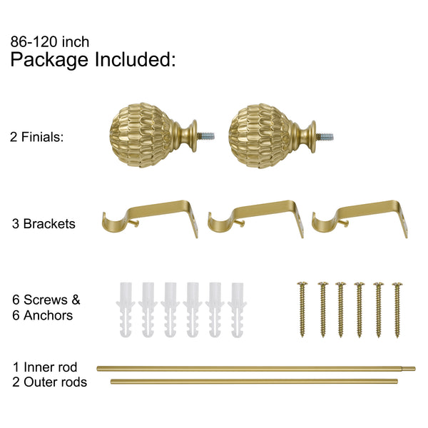 Loft97 D18XX 3/4" Diameter Adjustable Heavy-Duty Decorative Curtain Rod with Ornate Endcaps for Indoor Outdoor Use, Fits Living Room, Bedroom, Kitchen & Patio, Gold