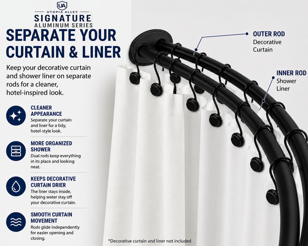 Loft97 DCR2XX Signature Aluminum Series Double Curved Shower Curtain Rod, Adjustable 45-72 Inch, Rustproof Aluminum, Dual Rod Design, Separates Curtain & Liner, Adds 8 Inches More Space