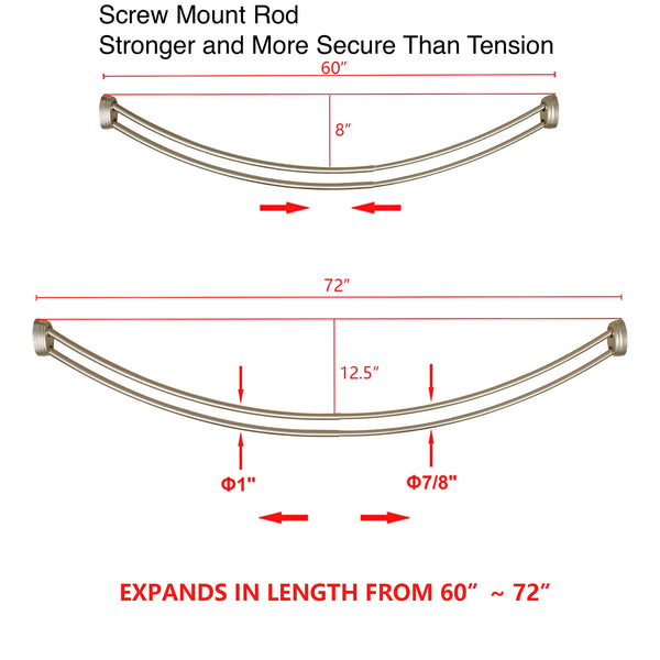 Loft97 DCR2XX Rustproof Wall Mounted Aluminum Double Curved Shower Curtain Rod, Screw Mount Rod, Stronger and More Secure Than Tension, Adjustable Double Shower Rod from 45" to 72", Expandable