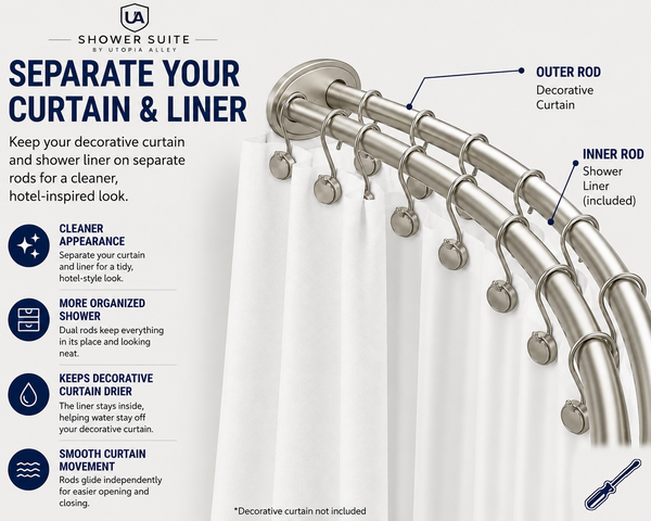 Loft97 DCR2XX Signature Aluminum Series Double Curved Shower Curtain Rod, Adjustable 45-72 Inch, Rustproof Aluminum, Dual Rod Design, Separates Curtain & Liner, Adds 8 Inches More Space