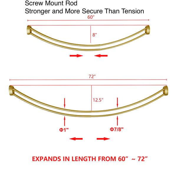 Loft97 DCR2XX Rustproof Wall Mounted Aluminum Double Curved Shower Curtain Rod, Screw Mount Rod, Stronger and More Secure Than Tension, Adjustable Double Shower Rod from 45" to 72", Expandable