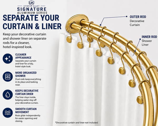 Loft97 DCR2XX Signature Aluminum Series Double Curved Shower Curtain Rod, Adjustable 45-72 Inch, Rustproof Aluminum, Dual Rod Design, Separates Curtain & Liner, Adds 8 Inches More Space