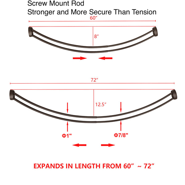 Loft97 DCR2XX Rustproof Wall Mounted Aluminum Double Curved Shower Curtain Rod, Screw Mount Rod, Stronger and More Secure Than Tension, Adjustable Double Shower Rod from 45" to 72", Expandable