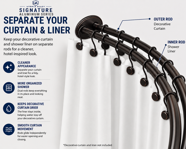 Loft97 DCR2XX Signature Aluminum Series Double Curved Shower Curtain Rod, Adjustable 45-72 Inch, Rustproof Aluminum, Dual Rod Design, Separates Curtain & Liner, Adds 8 Inches More Space