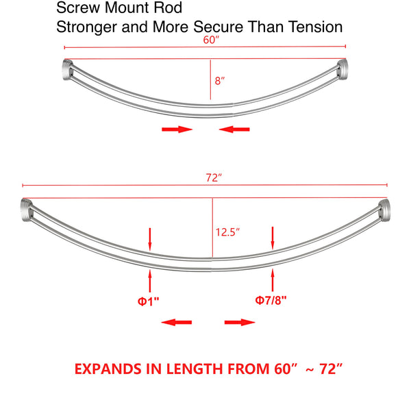 Loft97 DCR2XX Rustproof Wall Mounted Aluminum Double Curved Shower Curtain Rod, Screw Mount Rod, Stronger and More Secure Than Tension, Adjustable Double Shower Rod from 45" to 72", Expandable