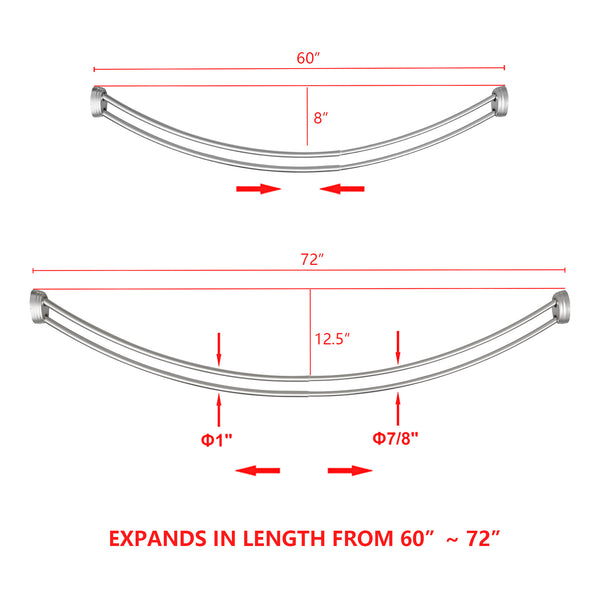 Loft97 DCR2XX Rustproof Wall Mounted Aluminum Double Curved Shower Curtain Rod, Adjustable Double Shower Rod from 45" to 72", Expandable, Wall Mounted