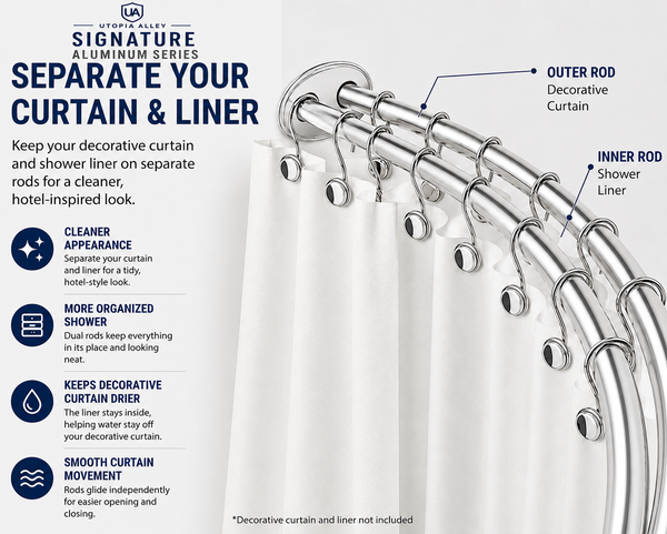 Loft97 DCR2XX Signature Aluminum Series Double Curved Shower Curtain Rod, Adjustable 45-72 Inch, Rustproof Aluminum, Dual Rod Design, Separates Curtain & Liner, Adds 8 Inches More Space