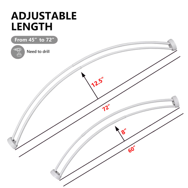 Loft97 DCR2XX Rustproof Wall Mounted Aluminum Double Curved Shower Curtain Rod, Screw Mount Rod, Stronger and More Secure Than Tension, Adjustable Double Shower Rod from 45" to 72", Expandable