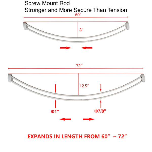 Loft97 DCR2XX Rustproof Wall Mounted Aluminum Double Curved Shower Curtain Rod, Screw Mount Rod, Stronger and More Secure Than Tension, Adjustable Double Shower Rod from 45" to 72", Expandable