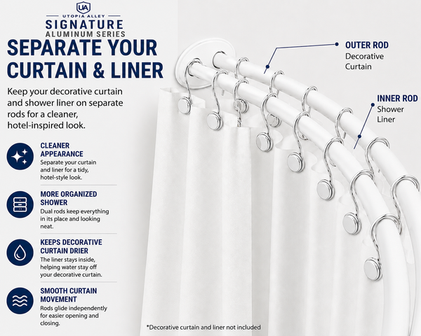 Loft97 DCR2XX Signature Aluminum Series Double Curved Shower Curtain Rod, Adjustable 45-72 Inch, Rustproof Aluminum, Dual Rod Design, Separates Curtain & Liner, Adds 8 Inches More Space