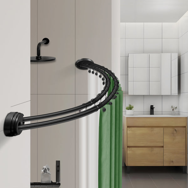 Loft97 DCR9XX Rustproof Wall Mounted Aluminum Double Curved Shower Curtain Rod, Screw Mount Rod, Stronger and More Secure Than Tension, Adjustable Double Shower Rod from 45" to 72", Expandable, Includes shower liner and shower hooks