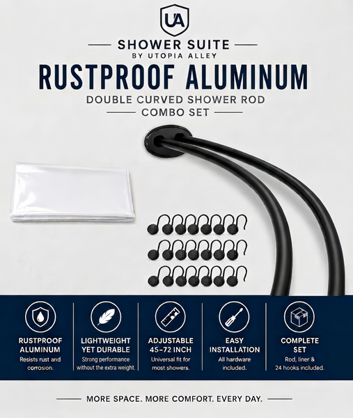 Shower Suite by Loft97 – DCR9XX Rustproof Aluminum Double Curved Shower Curtain Rod Combo Set with Liner & 24 Hooks, Adjustable 45–72 Inch Wall Mounted Dual Rod
