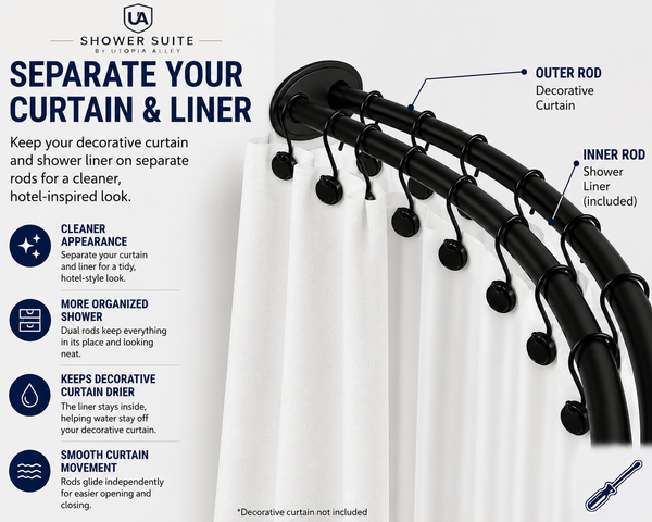 Shower Suite by Loft97 – DCR9XX Rustproof Aluminum Double Curved Shower Curtain Rod Combo Set with Liner & 24 Hooks, Adjustable 45–72 Inch Wall Mounted Dual Rod