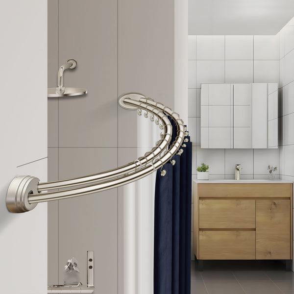 Loft97 DCR9XX Rustproof Wall Mounted Aluminum Double Curved Shower Curtain Rod, Screw Mount Rod, Stronger and More Secure Than Tension, Adjustable Double Shower Rod from 45" to 72", Expandable, Includes shower liner and shower hooks