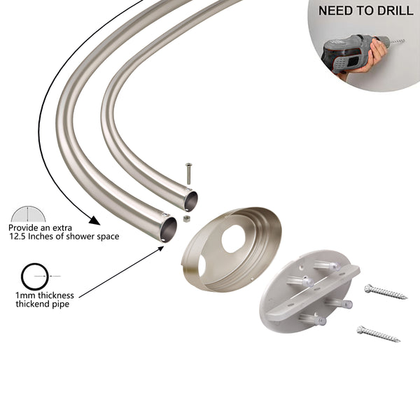 Loft97 DCR9XX Rustproof Wall Mounted Aluminum Double Curved Shower Curtain Rod, Screw Mount Rod, Stronger and More Secure Than Tension, Adjustable Double Shower Rod from 45" to 72", Expandable, Includes shower liner and shower hooks