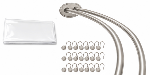 Shower Suite by Loft97 – DCR9XX Rustproof Aluminum Double Curved Shower Curtain Rod Combo Set with Liner & 24 Hooks, Adjustable 45–72 Inch Wall Mounted Dual Rod