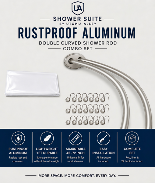 Shower Suite by Loft97 – DCR9XX Rustproof Aluminum Double Curved Shower Curtain Rod Combo Set with Liner & 24 Hooks, Adjustable 45–72 Inch Wall Mounted Dual Rod
